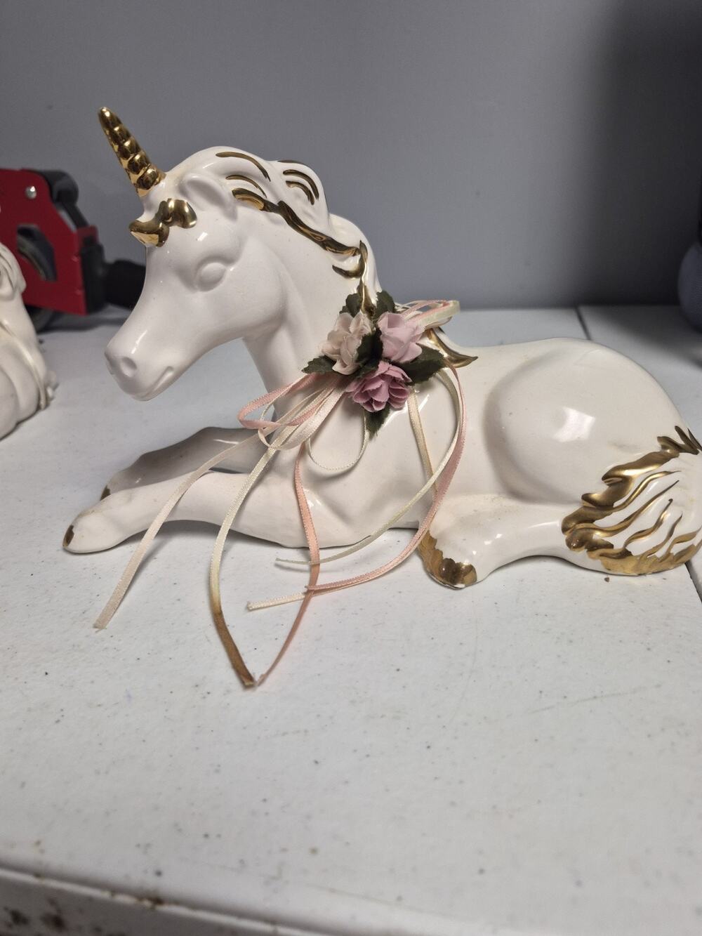 White Unicorn Figurine Fantasy Decor with Gold Horn & Flower Ribbon Decoration